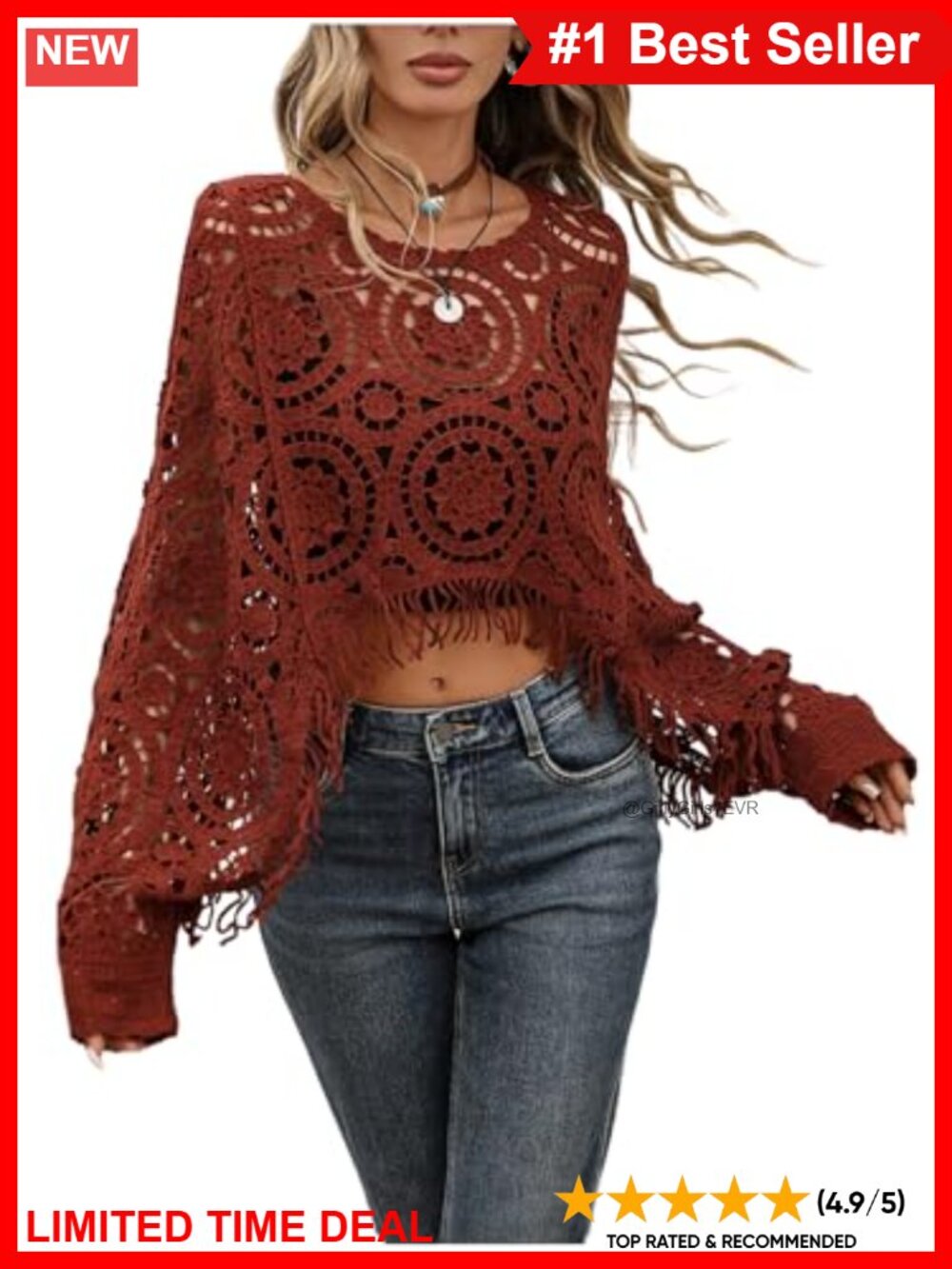 Crochet Knit Hollow Shrug Long Sleeve Fringe Hem Cropped Sweater